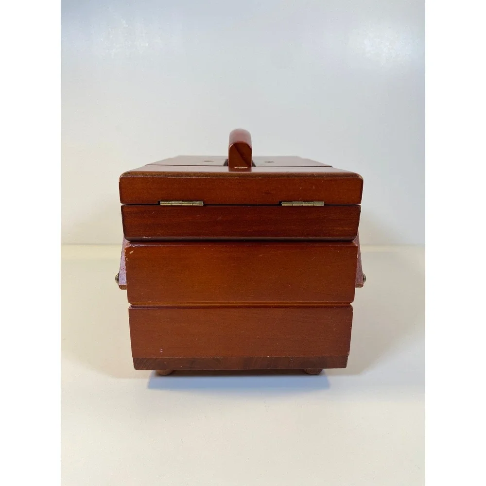 Singer Wooden Accordion Sewing Basket Cantilever Box Cherry Finish Vintage Style
